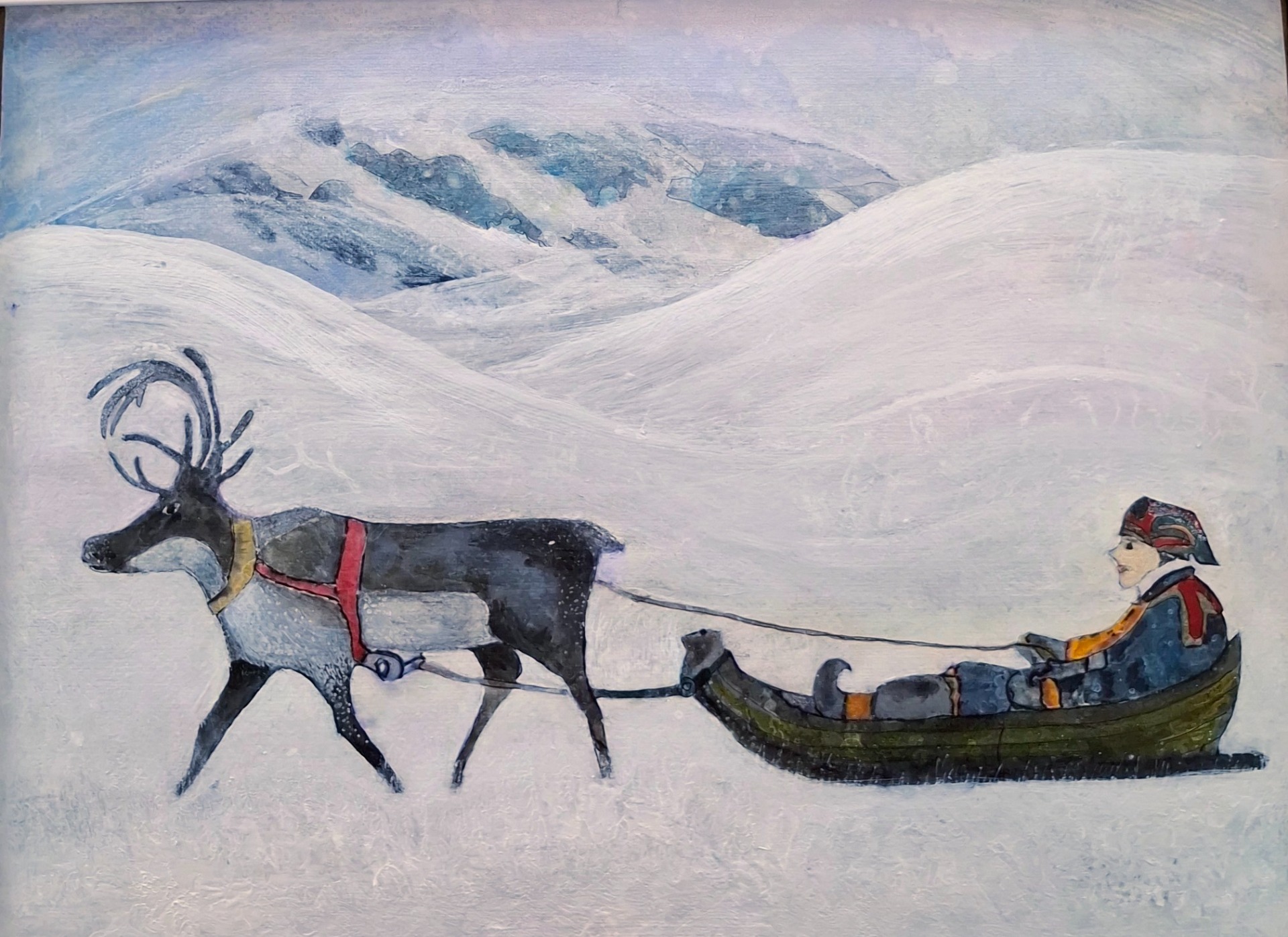 Mallina tälle maalaukselle oli isäni Veikko Paksuniemen kaivertama puuveistos. Hän oli taitava loihtimaan pieniä taideteoksia kaivertamalla pikkupuukolla eläinten ja ihmisten hahmoja esiin visakoivusta.